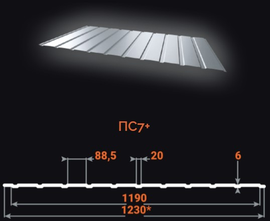 Металопрофіль ПС-7+ SSAB (Швеція) 0,50мм МАТ цинк 275 г/м2, фото 1