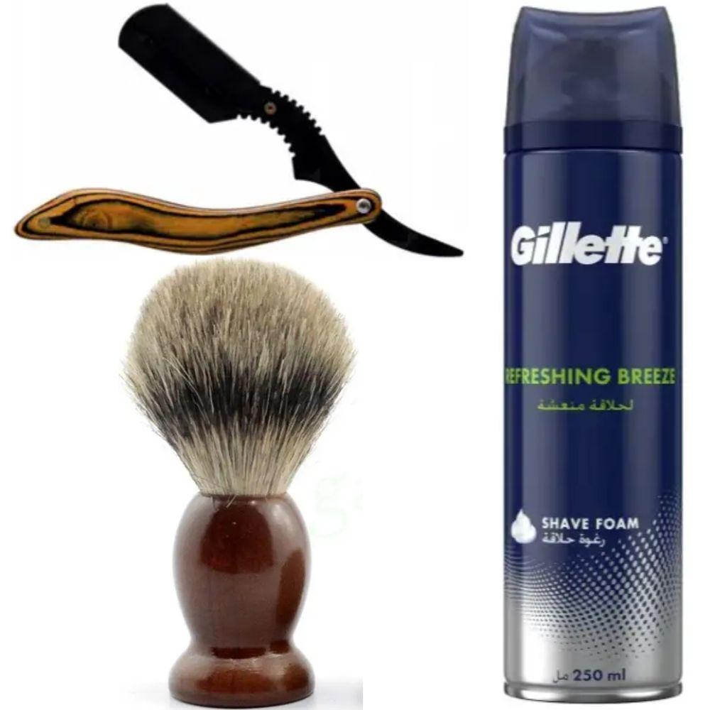 Небезпечна бритва/шавета розкладна Straight Razor + помазок SHIMA + піна для гоління Gillette Refreshing Breeze 250 мл, фото 1