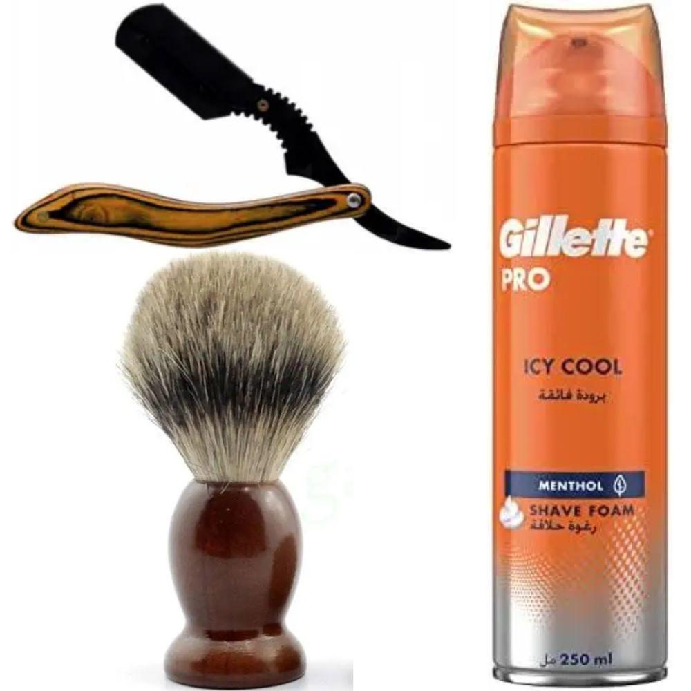 Небезпечна бритва/шавета розкладна Straight Razor + помазок SHIMA + піна для гоління Gillette Pro Icy Cool з ментолом, фото 1