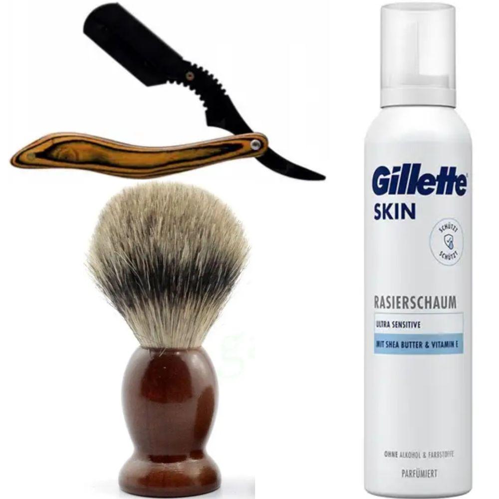 Небезпечна бритва/шавета розкладна Straight Razor + помазок SHIMA + піна для гоління Gillette Skin Ultra Sensitive, фото 1