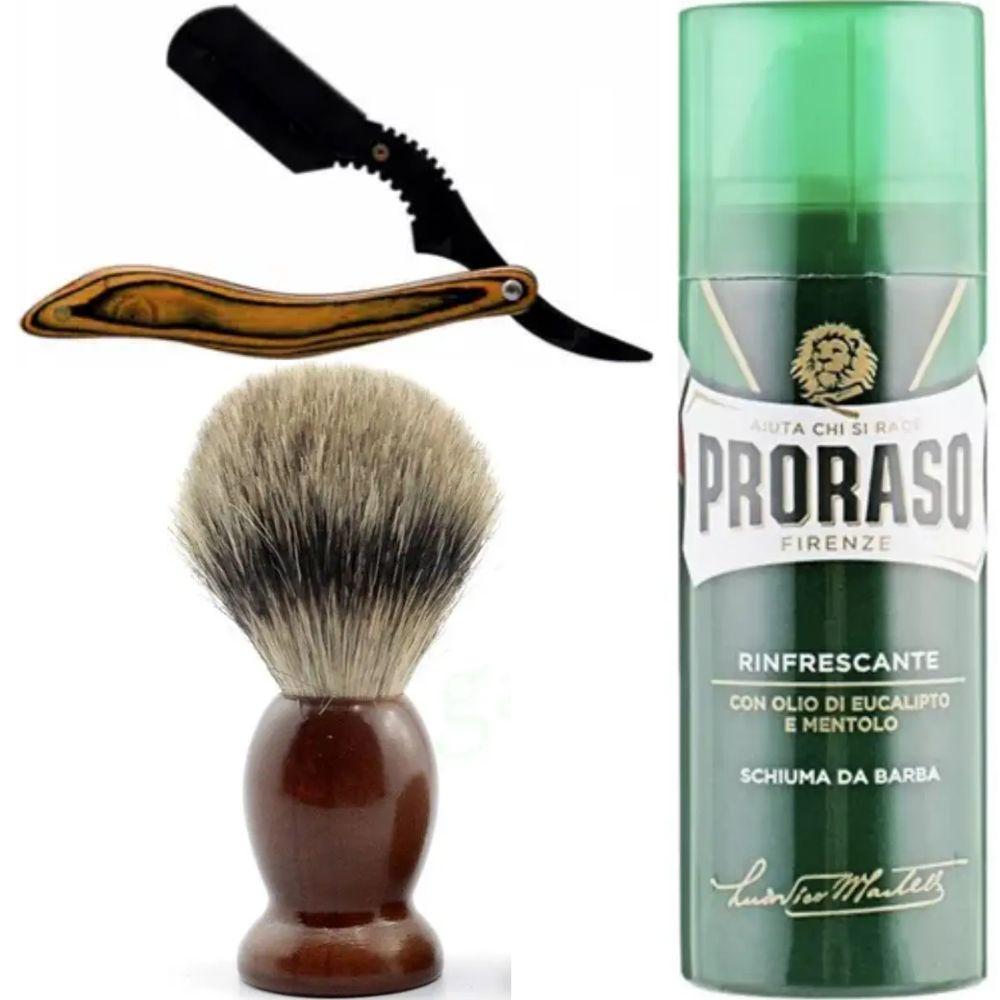 Небезпечна бритва/шавета розкладна Straight Razor + помазок SHIMA + піна для гоління Proraso тонізуюча евкаліпт і ментол, фото 1