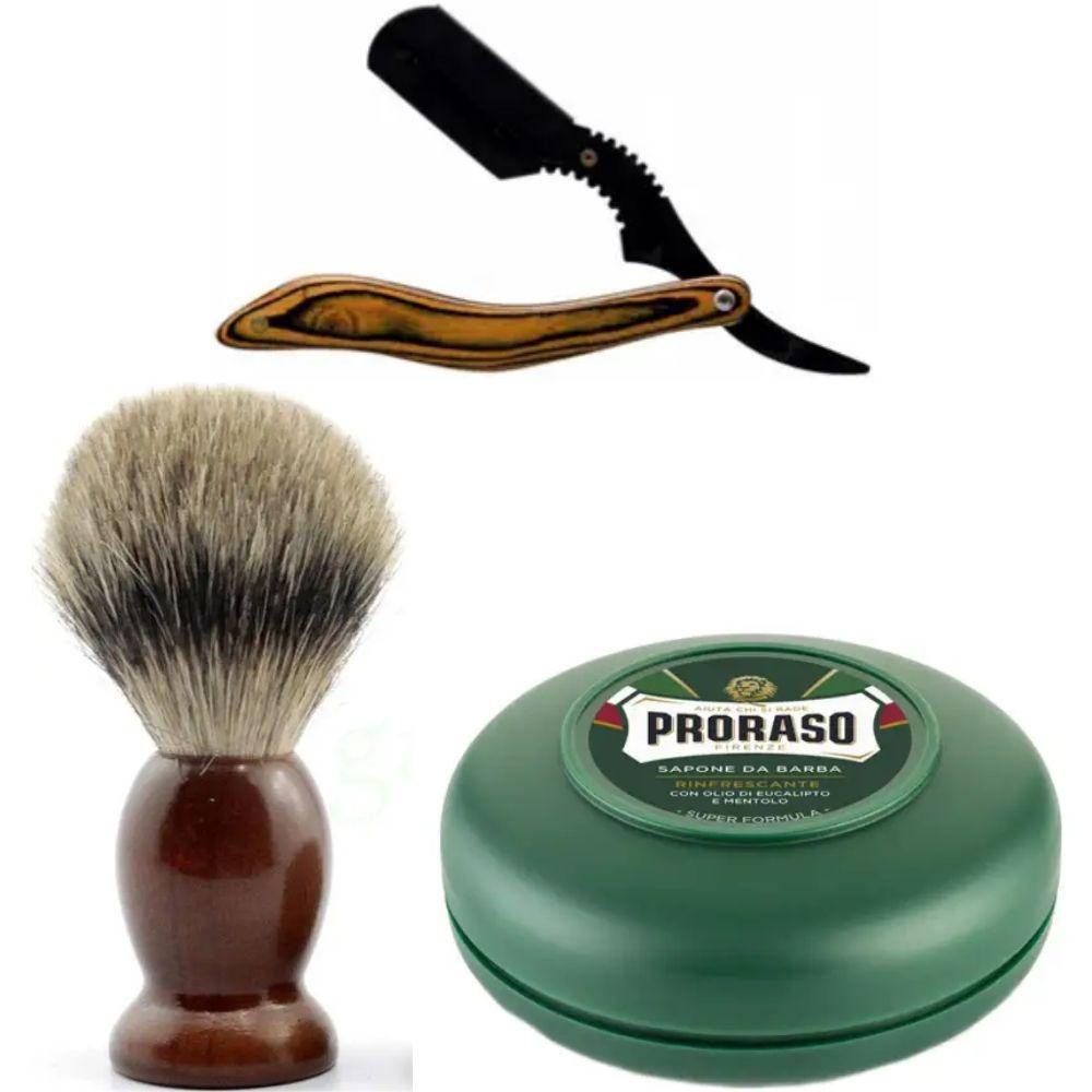 Небезпечна бритва/шавета розкладна Straight Razor + помазок SHIMA + мило для гоління Proraso Rinfrescante Green Eucalyptus, фото 1