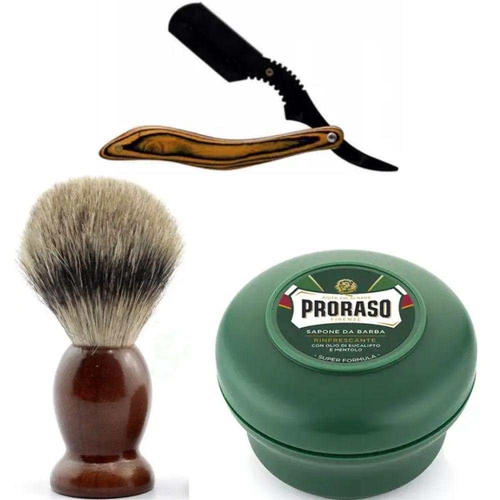 Небезпечна бритва/шавета розкладна Straight Razor + помазок SHIMA + мило для гоління Proraso Rinfrescante Green Eucalyptus, фото 1
