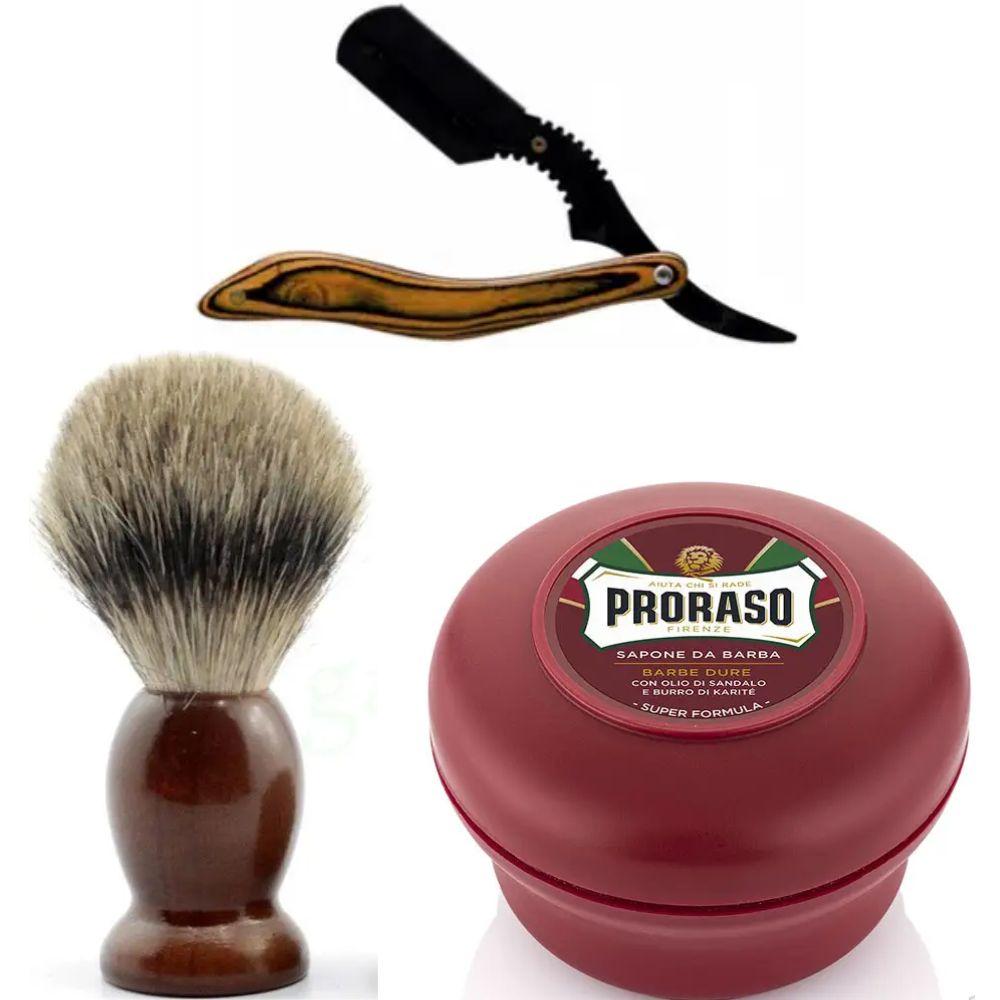 Небезпечна бритва/шавета розкладна Straight Razor + помазок SHIMA + мило для гоління Proraso для жорсткої щетини з маслом, фото 1