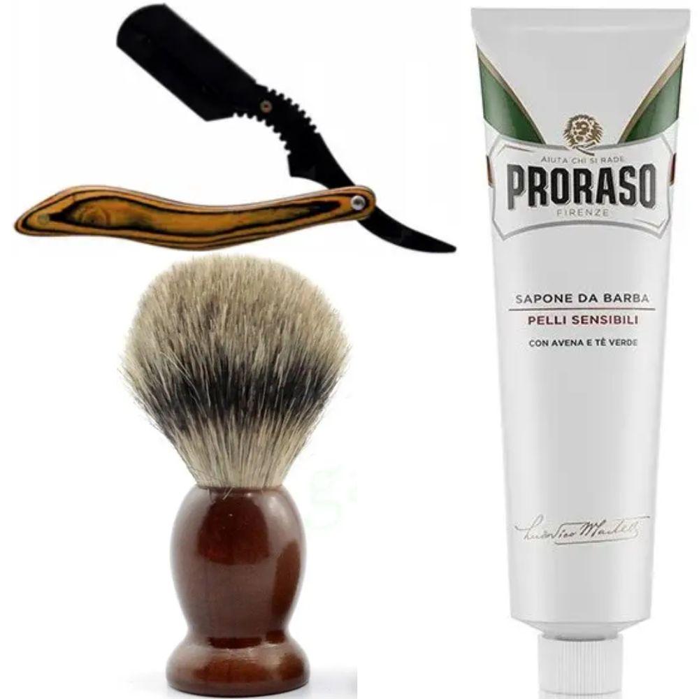Небезпечна бритва/шавета розкладна Straight Razor + SHIMA + крем для гоління Proraso для чутливої шкіри з зеленим чаєм, фото 1