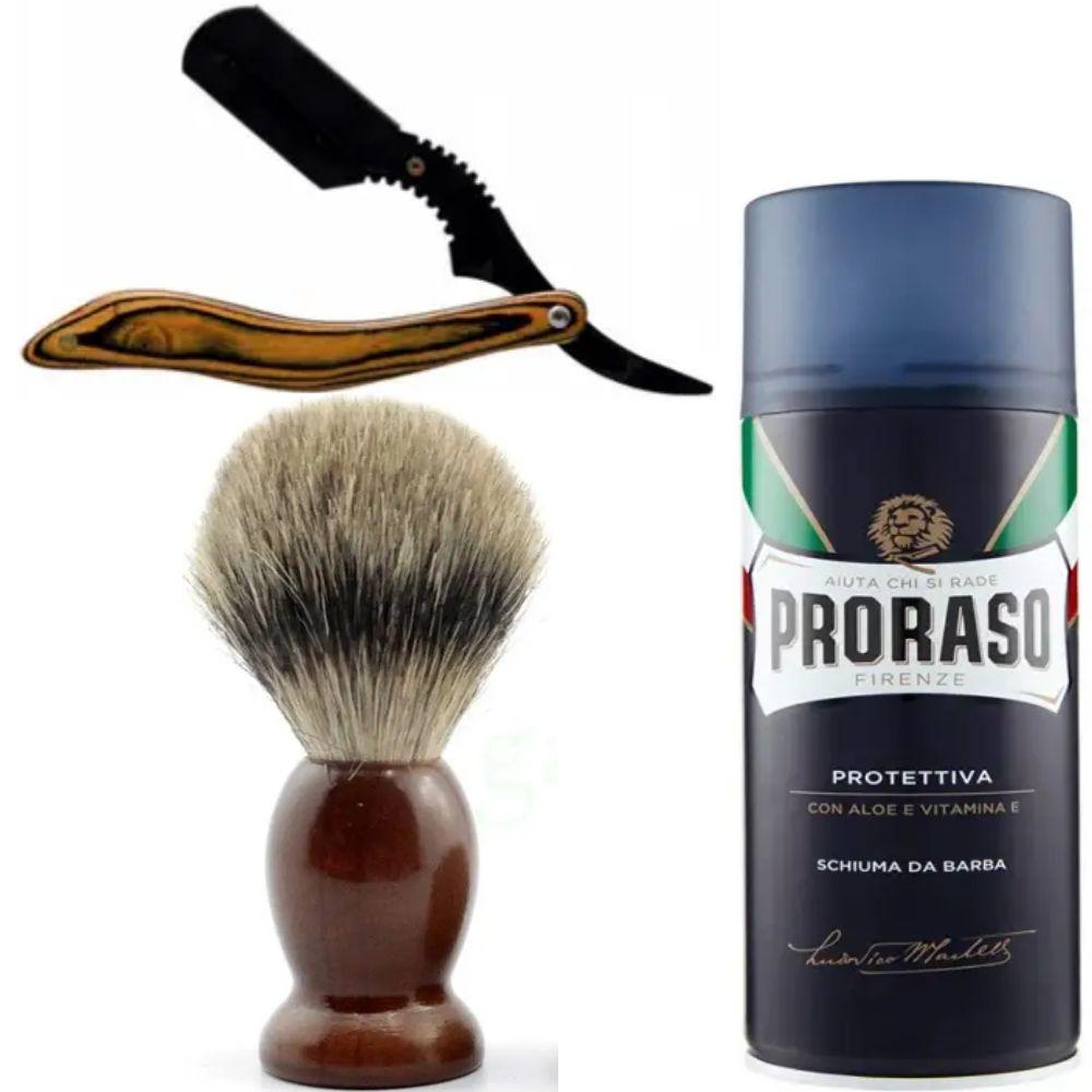 Небезпечна бритва/шавета розкладна StraightRazor + помазок SHIMA + піна для гоління Proraso з екстрактом алое та вітаміном Е, фото 1