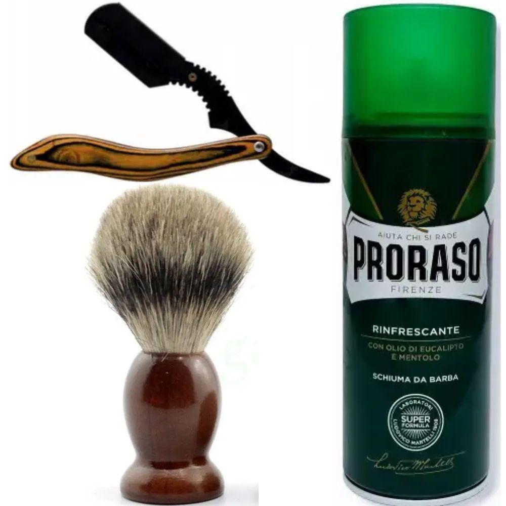Небезпечна бритва/шавета розкладна Straight Razor + помазок SHIMA + піна для гоління Proraso тонізуюча евкаліпт і ментол, фото 1