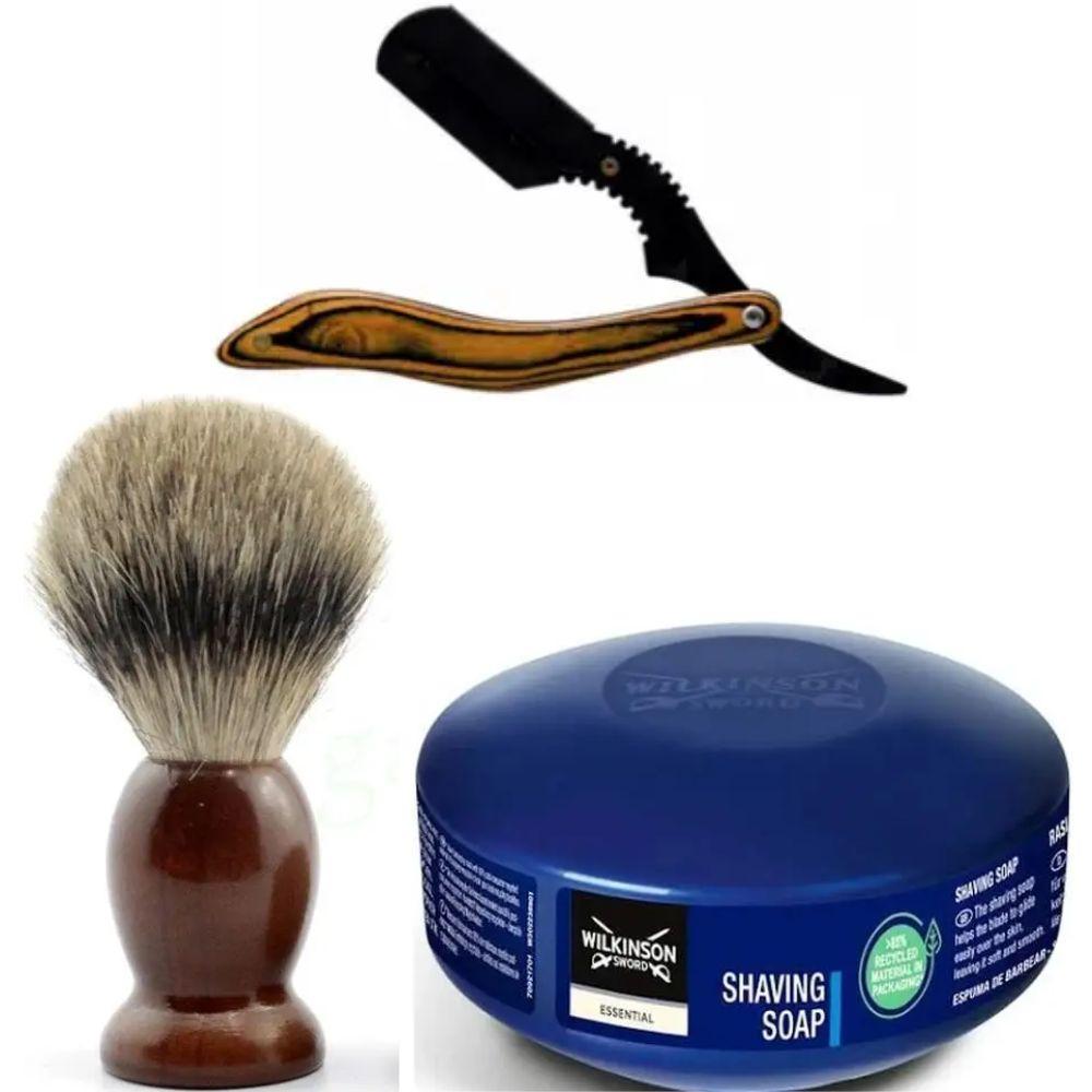 Небезпечна бритва/шавета розкладна Straight Razor + помазок SHIMA + мило для гоління Wilkinson Essential 125г, фото 1