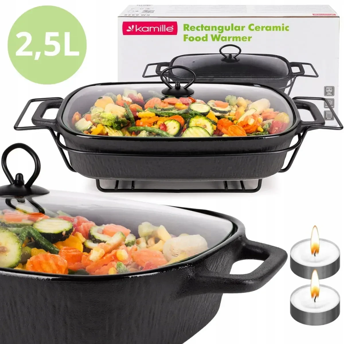 Марміт керамічний зі скляною кришкою та металевою підставкою Kamille KM-6428 — 2,5 л, фото 1