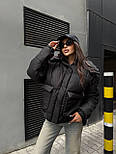 Куртка тепла об'ємна оверсайз зимова зі знімним капюшоном із накладними кишенями, розміри 42/44, 46/48, 50/52, фото 7