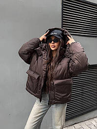 Куртка тепла об'ємна оверсайз зимова зі знімним капюшоном із накладними кишенями, розміри 42/44, 46/48, 50/52