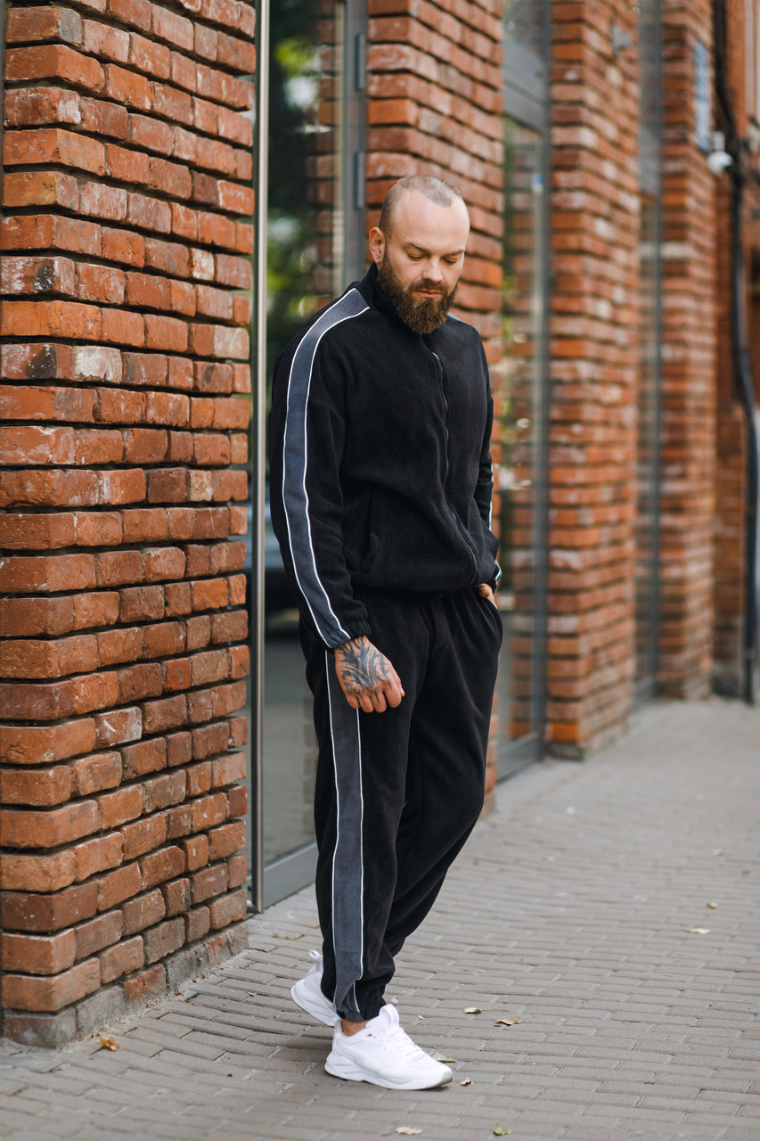 Чоловічий чорний спортивний костюм фліс без капюшону з лампасами, фото 1