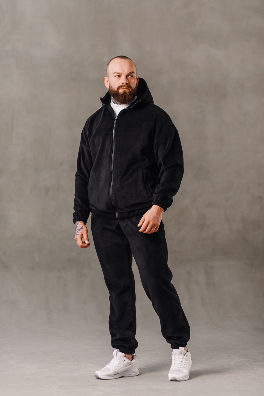 Чоловічий теплий спортивний костюм флісовий чорний однотонний, фото 1
