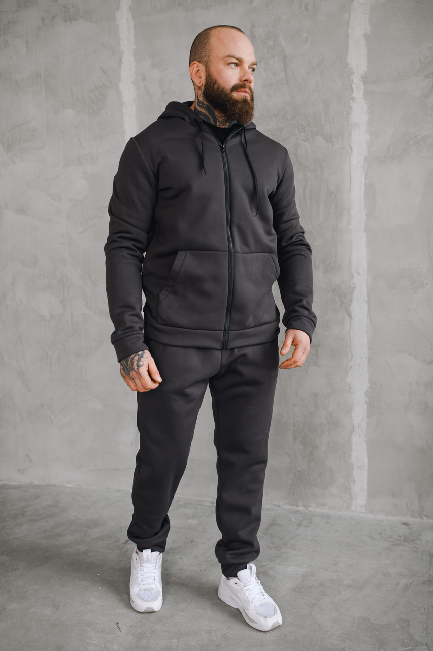 Зимовий чоловічий спортивний костюм на флісі сірий батал на блискавці, фото 1