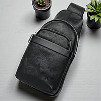 Шкіряна чоловіча сумка слинг через плече чорна барсетка якісна сумка з натуральної шкіри на плече