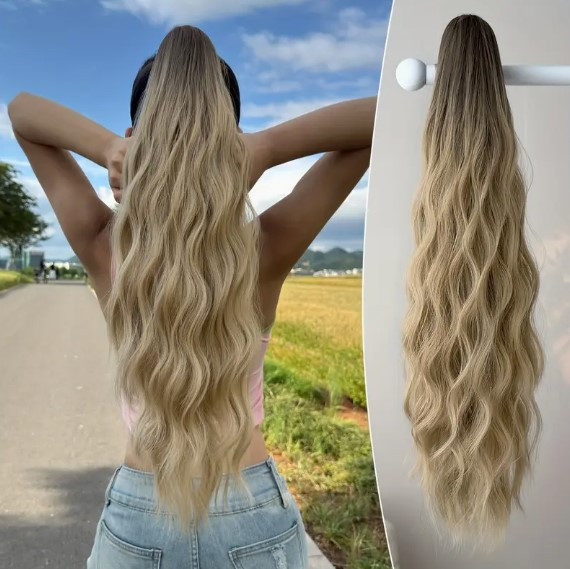 Шиньйон на крабі з утяжкою темно-русявий омбре у світло-русявий 66 см термоволокно хвіст хвилястий, фото 1