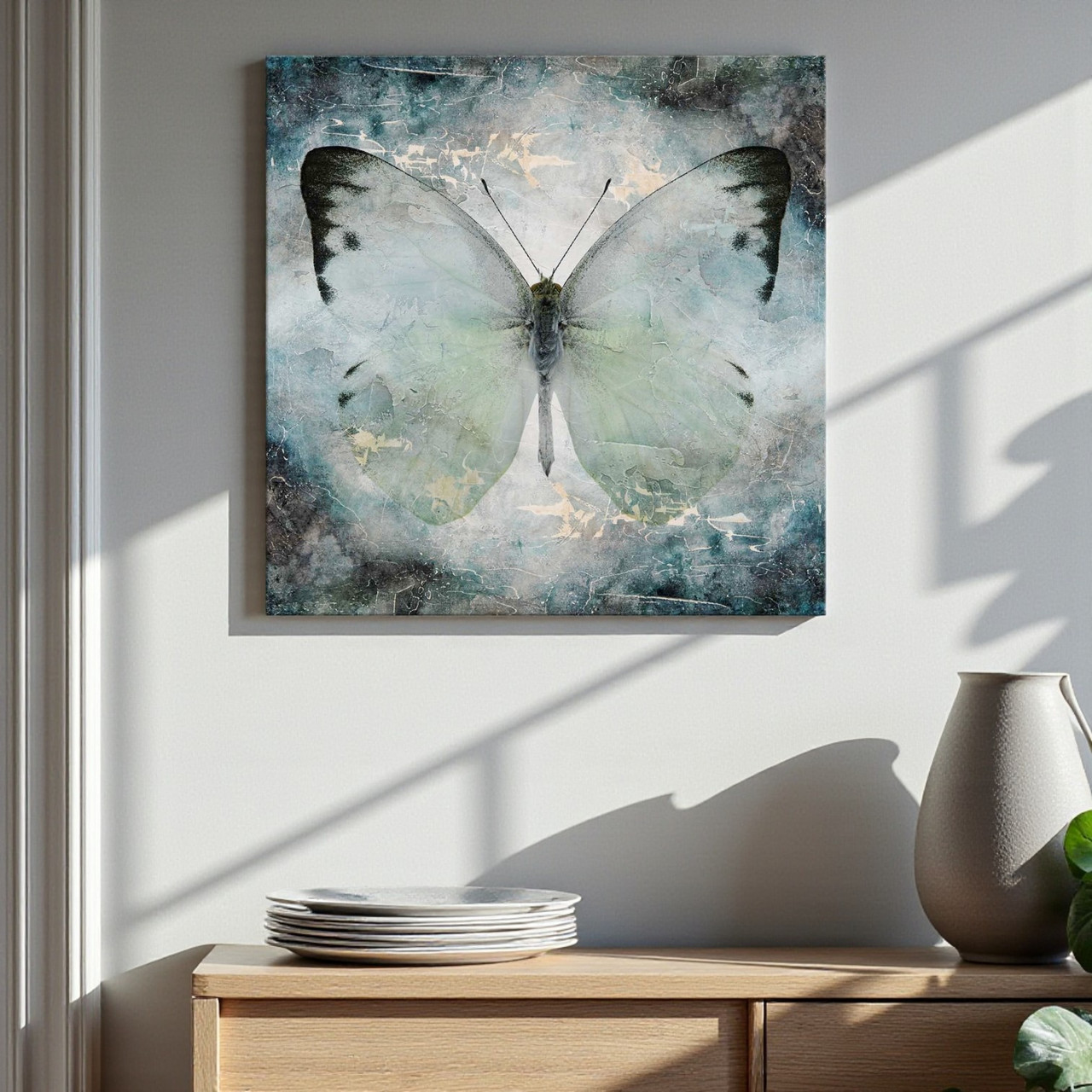 Картина метелик у спокійних пастельних блакитних кольорах Декор для спальні Друк на полотні 40х40см, фото 1