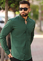 Приталенная рубашка с длинными рукавами и манжетами из хлопка Универсальная прямая рубашка зеленого цвета Турция