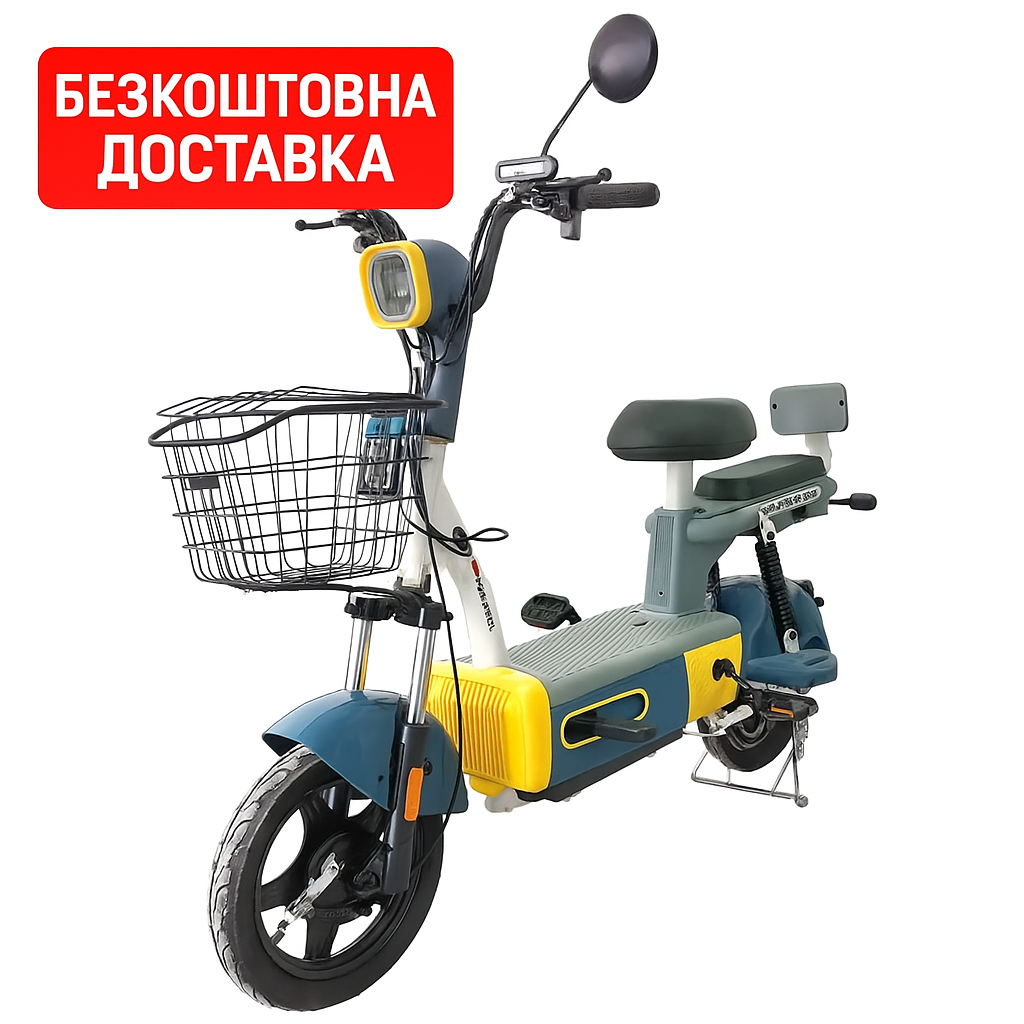 Електровелосипед SPARK VOLT 14” 48V/400W/12Ah, Синій із жовтим(макс. 25 км/год, пробіг до 30 км), фото 1