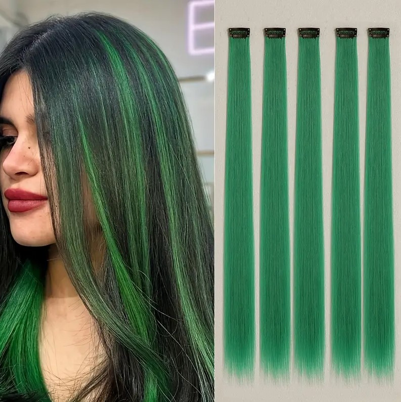 Накладні пасма на шпильках-кліпсах для волосся 55,8 см 5 шт світло - зелений колір термостійке волокно, фото 1