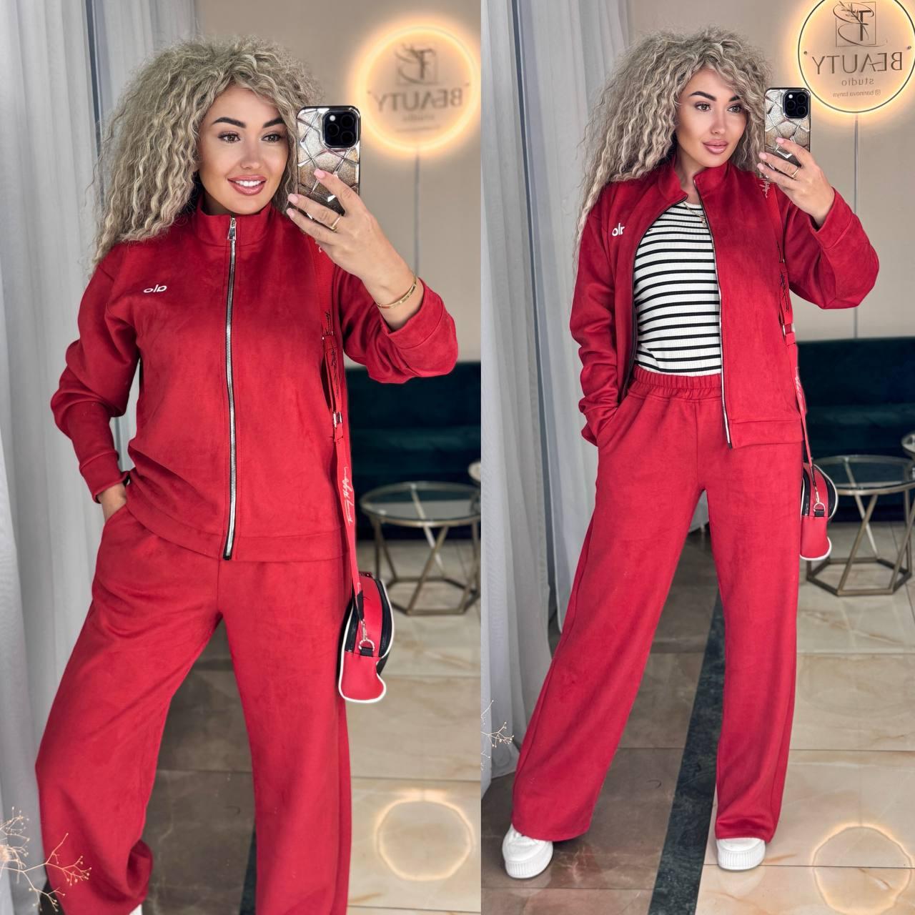 Жіночий осінній базовий прогулянковий костюм двійка кофта худі на блискавці штани прямі платний замш Туреччина, фото 1