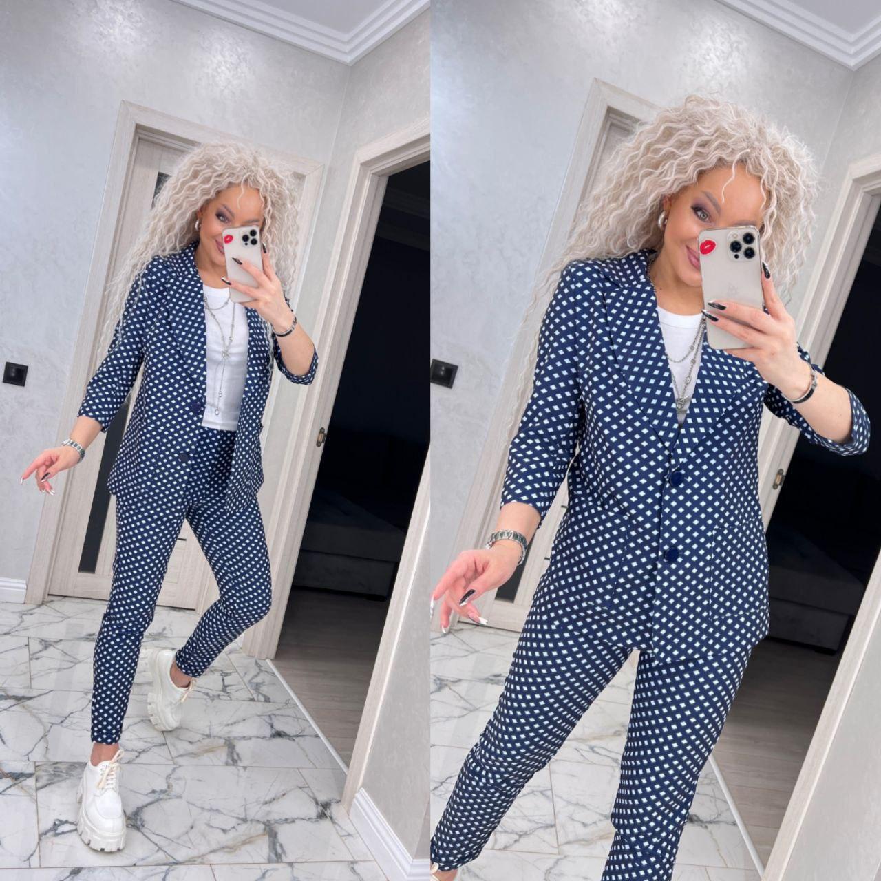 Стильний жіночий костюм-двійка — піджак і штани в горох (Розміри S,M, L), Синій
