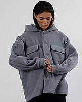 Теплая кофта из флиса оверсайз на пуговицах с накладными карманами+большим капюшоном графит