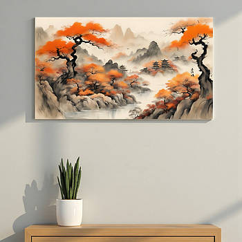 Панорамна картина мінімалістичний східний пейзаж Китаю Японії Друк на полотні 60х33см