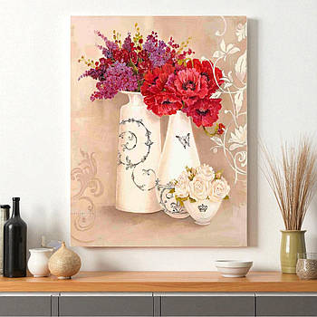 Намальовані квіти у вазі Пастельні кольори Вінтажний ретро стиль Друк на полотні 30х23см
