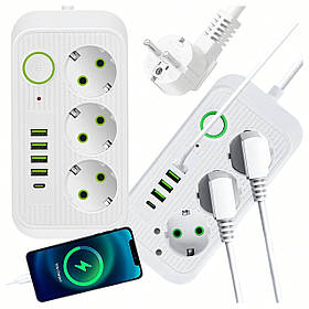 Подовжувач мережевий з USB 2м (3 розетки, 5 USB, вкл. USB-C), білий, з вимикачем