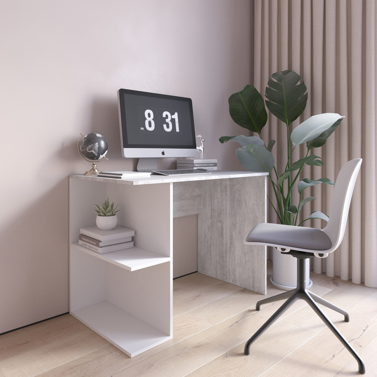 Письмовий стіл колір бетон з білими поличками ліворуч 100*76*60 см, фото 1