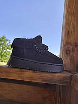 Ботинки угги ЧЕРНЫЕ с манжетом  на высокой подошве со шнурками экоЗАМША теплые женские зима, фото 2