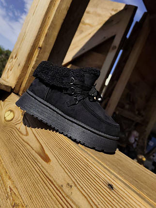 Ботинки угги ЧЕРНЫЕ с манжетом  на высокой подошве со шнурками экоЗАМША теплые женские зима, фото 1