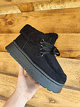 Ботинки угги ЧЕРНЫЕ с манжетом  на высокой подошве со шнурками экоЗАМША теплые женские зима, фото 3
