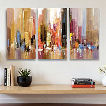Картина акварельне місто Абстракція Сучасний декор в інтер'єр Друк на полотні 90х60 із 3-х модулів