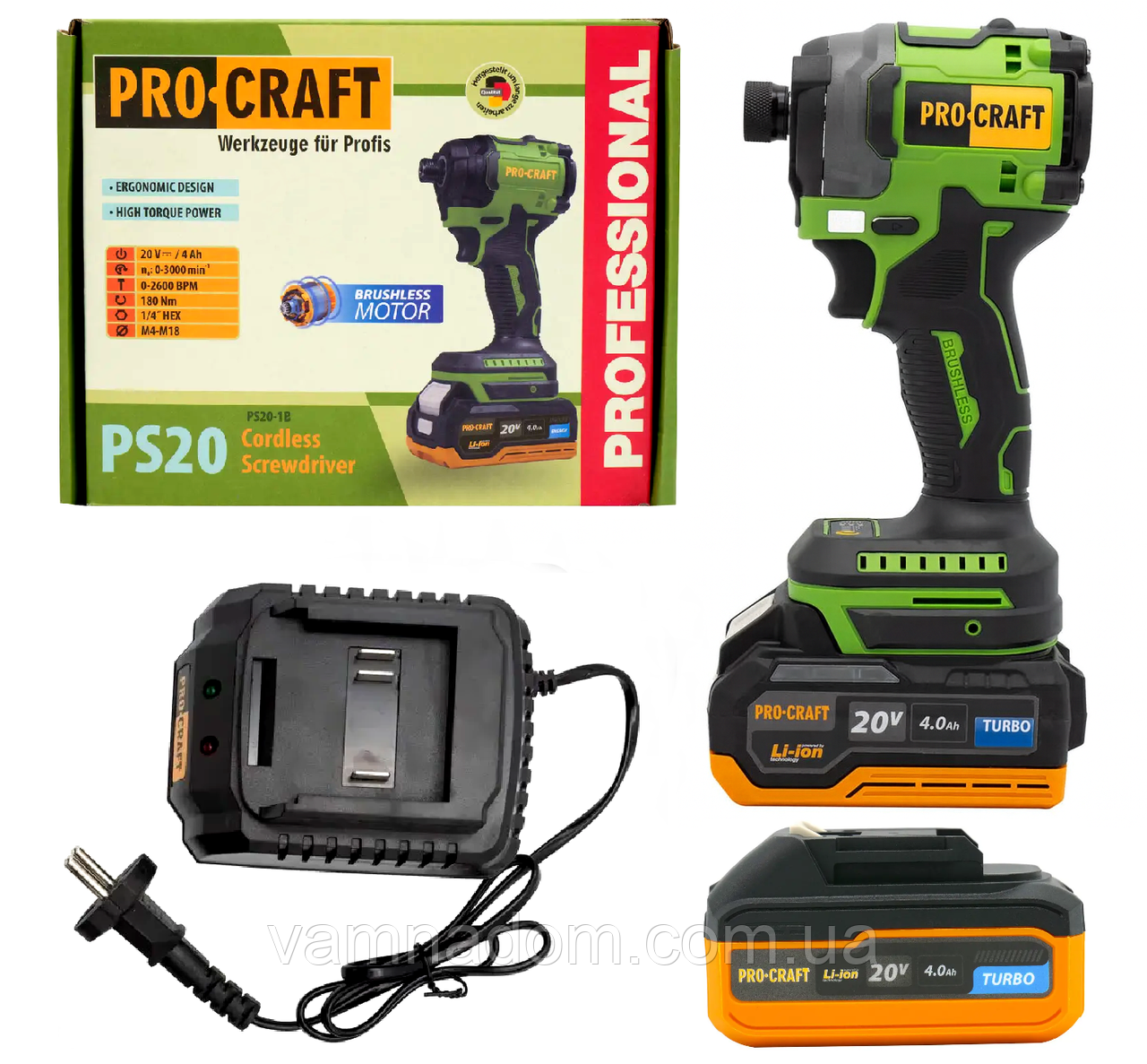Акумуляторний безщітковий гвинтоверт Procraft PS20 (2 Акумулятори Turbo 20 В, 4 А/год і Зарядний пристрій), фото 1
