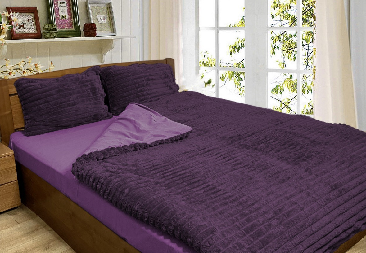 Плюшевий комплект постільної білизни мікрофібра+бязь ТЕТ-@-ТЕТ  темно-фіолетовий (двоспальний розмір), фото 1