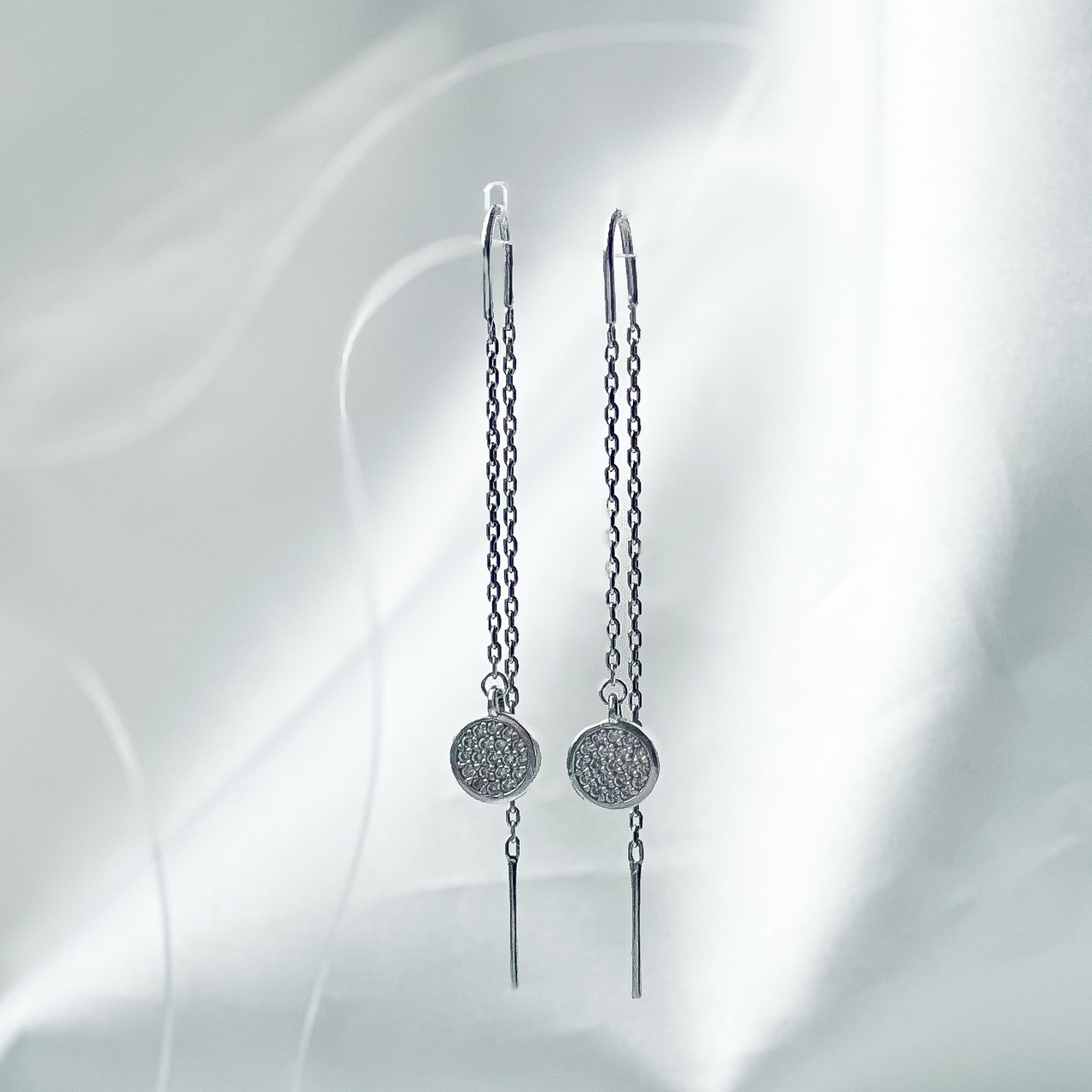Сережки-протяжки з кружечком і фіанітами "Тинеслава" — срібло 925, родій, білі фіаніти, фото 1