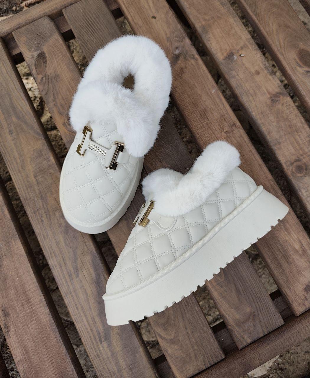Автоледі з опушкою Уги БІЛІ зі стьобаним верхом WHITE екошкіра високі на високій платформі жіночі