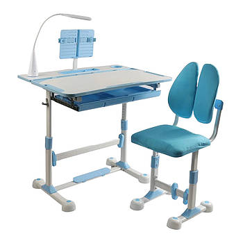 Парта учнівська дитяча зі стільчиком (лампа, регульована висота та нахил) S-71400 Блакитна