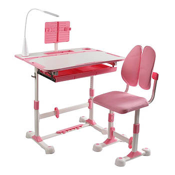 Парта учнівська дитяча зі стільчиком (лампа, регульована висота та нахил) S-63020 Рожева