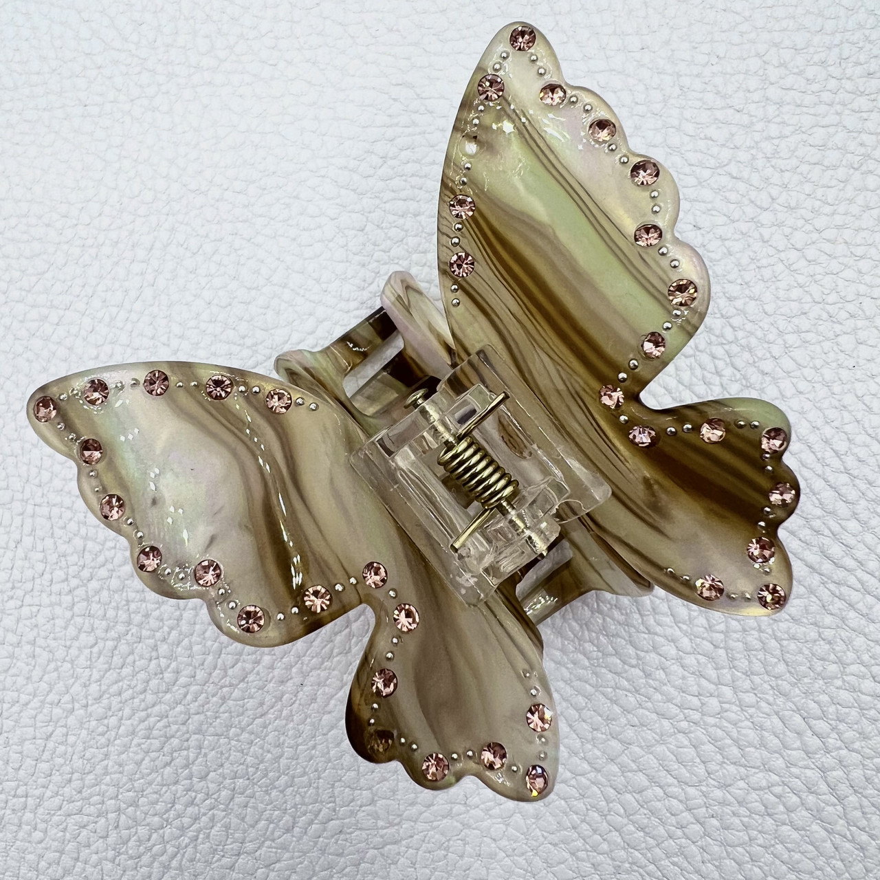 Краб для волос французский пластик разноцветная с узорам бабочка с серыми стразами размер 6.5 см высота 6.5 см