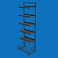 Стелаж торговий з листовими полицями 5 шт. і кошик накопичувальний, чорний