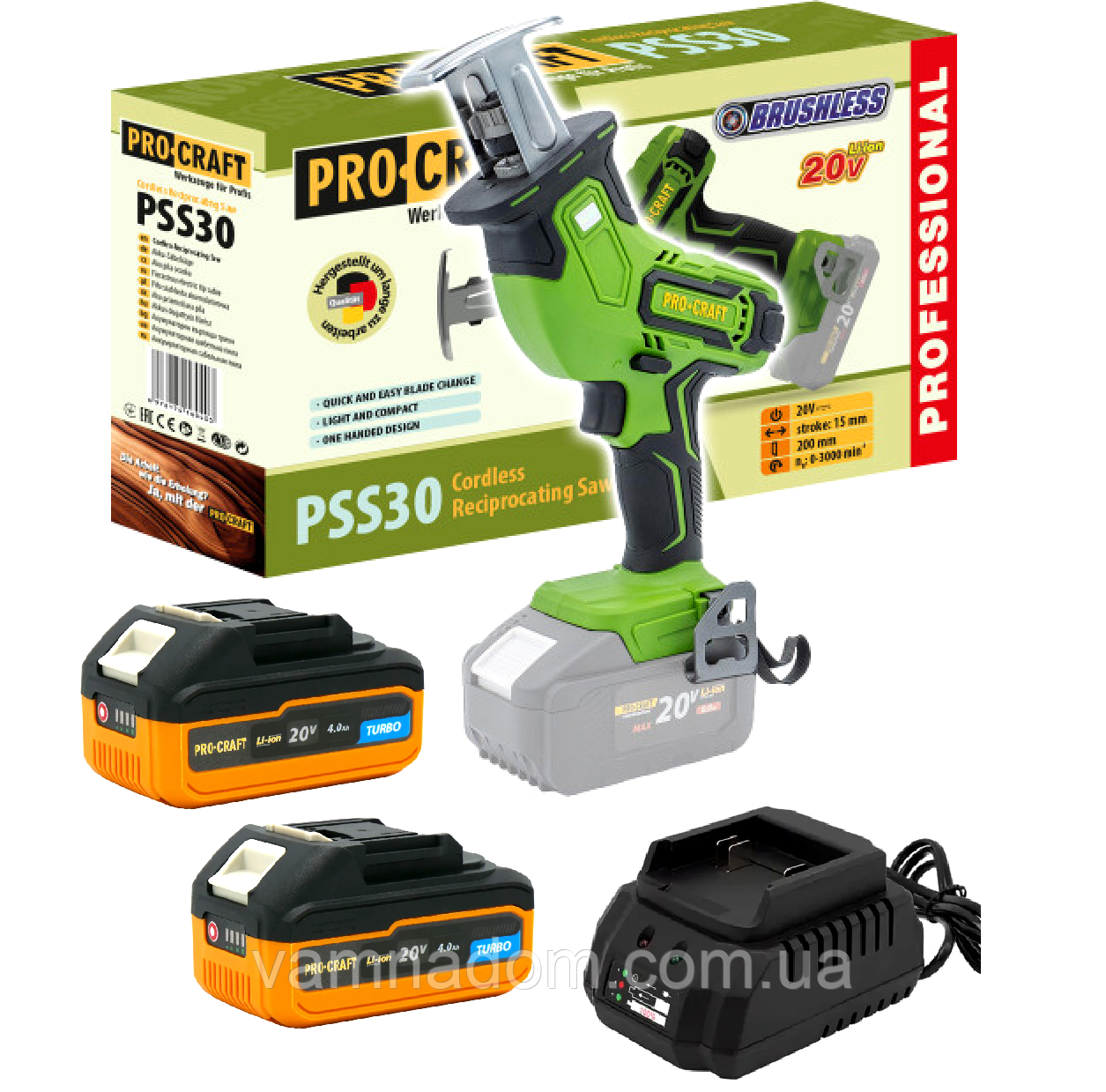 Акумуляторна шабельна пила Procraft PSS30 (2 Акумулятори Turbo 20 В, 4 А/год і зарядний пристрій), фото 1