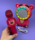Караоке колонка з мікрофоном Ведмедик рожевий GMJ 9836 режими підсвічування, вбудований акумулятор, Bluetooth, фото 3