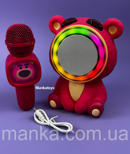 Караоке колонка з мікрофоном Ведмедик рожевий GMJ 9836 режими підсвічування, вбудований акумулятор, Bluetooth, фото 1