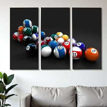 Картина більярд Більярдні кулі на темному фоні Яскравий декор в сучасний інтер'єр 90х60 з 3-х модулів