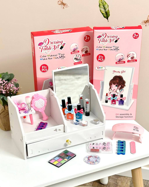 Настільний органайзер для дівчаток 769-6 дзеркало з шухлядкою, косметика, LED-лампа 21 елемент, фото 1