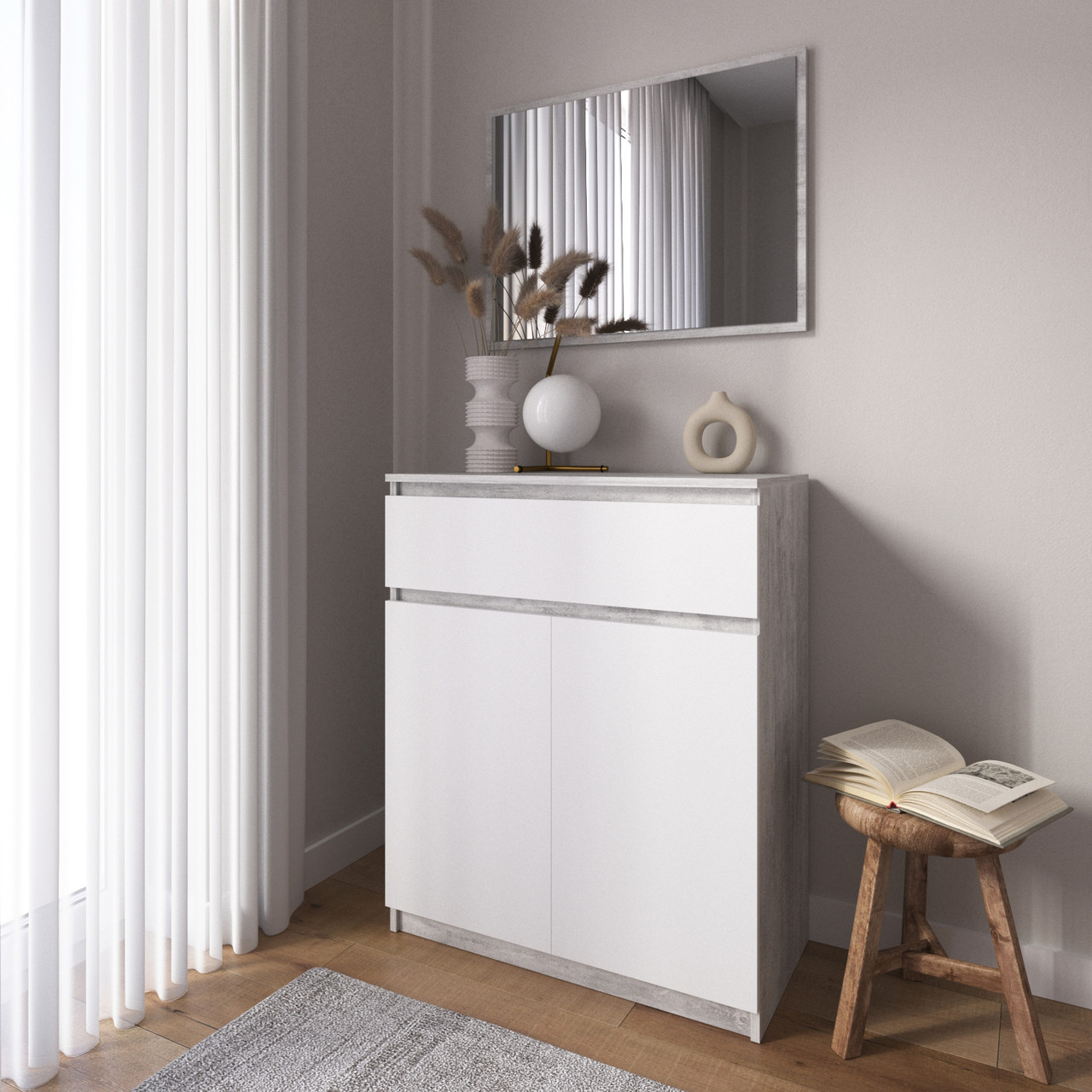 Комод-тумба колір бетон з білим фасадом на 1 шухляду та 2 полиці h98*80*40 см, фото 1