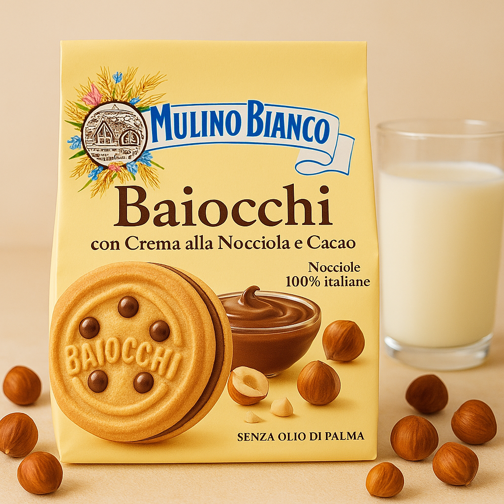 Печиво Mulino Bianco Baiocchi з начинкою з лісового горіха та какао 300 г. Італія, фото 1